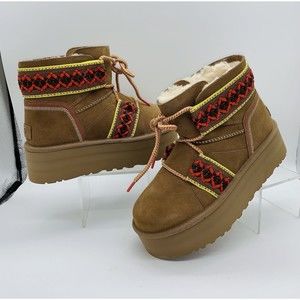 UGG Classic Women's Mini II Braid Platform Boots Chestnut Suede Wool NEW Size 8